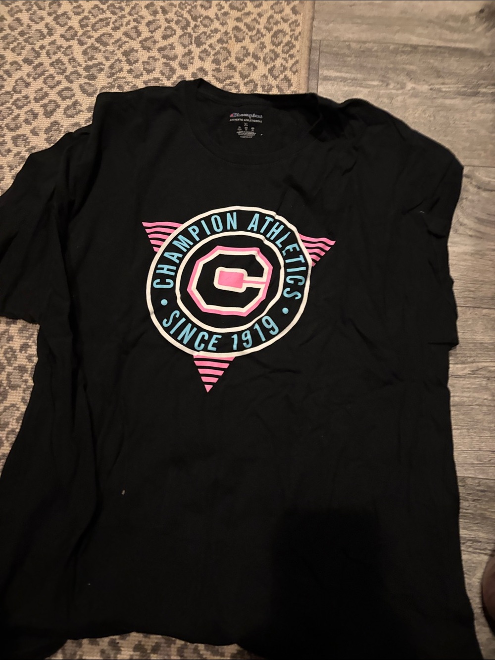 Champion Black Short-Sleeve Tee with Pink & Light Blue Logo